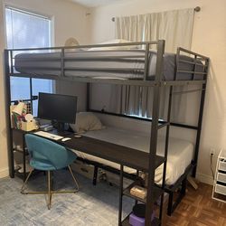 Queen Over Twin XL Metal Loft Bed with Desk and Shelves