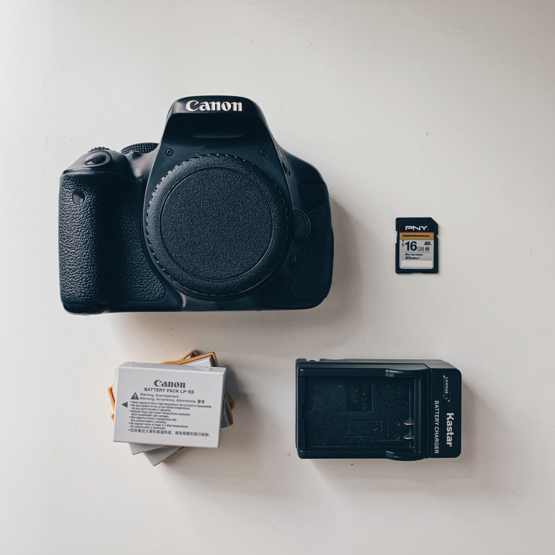 Canon EOS Rebel T3i, 3 batteries, charger, SD card
