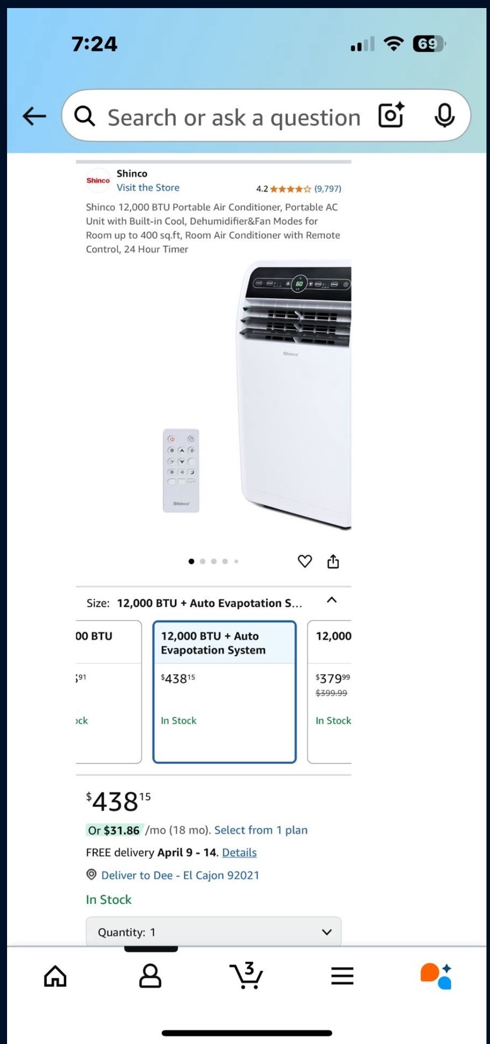 Shinco Portable Air conditioner/Like New $300