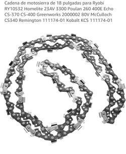 Cadena de motosierra de 18 pulgadas para Ryobi RY10532 Homelite 23AV 3300 Poulan 260 400E Echo CS-370 CS-400 Greenworks 80V McCulloch CS340 Re