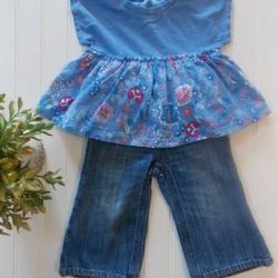 Baby Gap Girls 12-18 Month Outfit Floral Shirt Top & Wide Leg Jeans