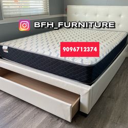 Queen white Tufted Platform Bed w. Drawer & Orthopedic Mattress Included