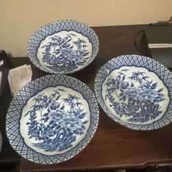 Vintage Rare Japanese Imari Blue & White 10" Flower Bowls Set of 6