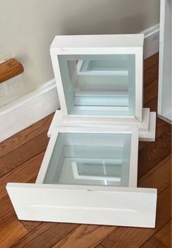 White Wood Glass Display Cabinet Shelves set of 2 mirror is 8x8 shelf is 10 1/2 x4