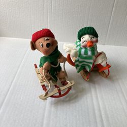  Two Annalee Vintage Christmas Dolls (Bear-Ing-Down) Bear On Sled And 1994 Duck on Sled