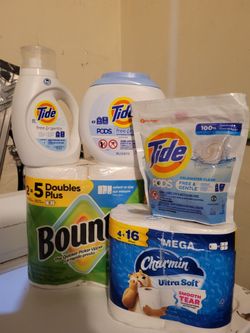 TIDE FREE & GENTLE 25 LOADS/34oz & Tide Pod Bag (16 COUNT), Bounty 2=5 Double Plus, TIDE POD TUB (42 COUNT), & CHARMIN Ultra Soft  4 MEGA = 16 For $30