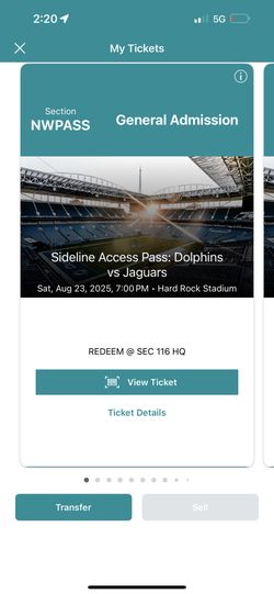 Today Only!! On Field Miami Dolphins Vs Jaguars Pass Sideline Access 
