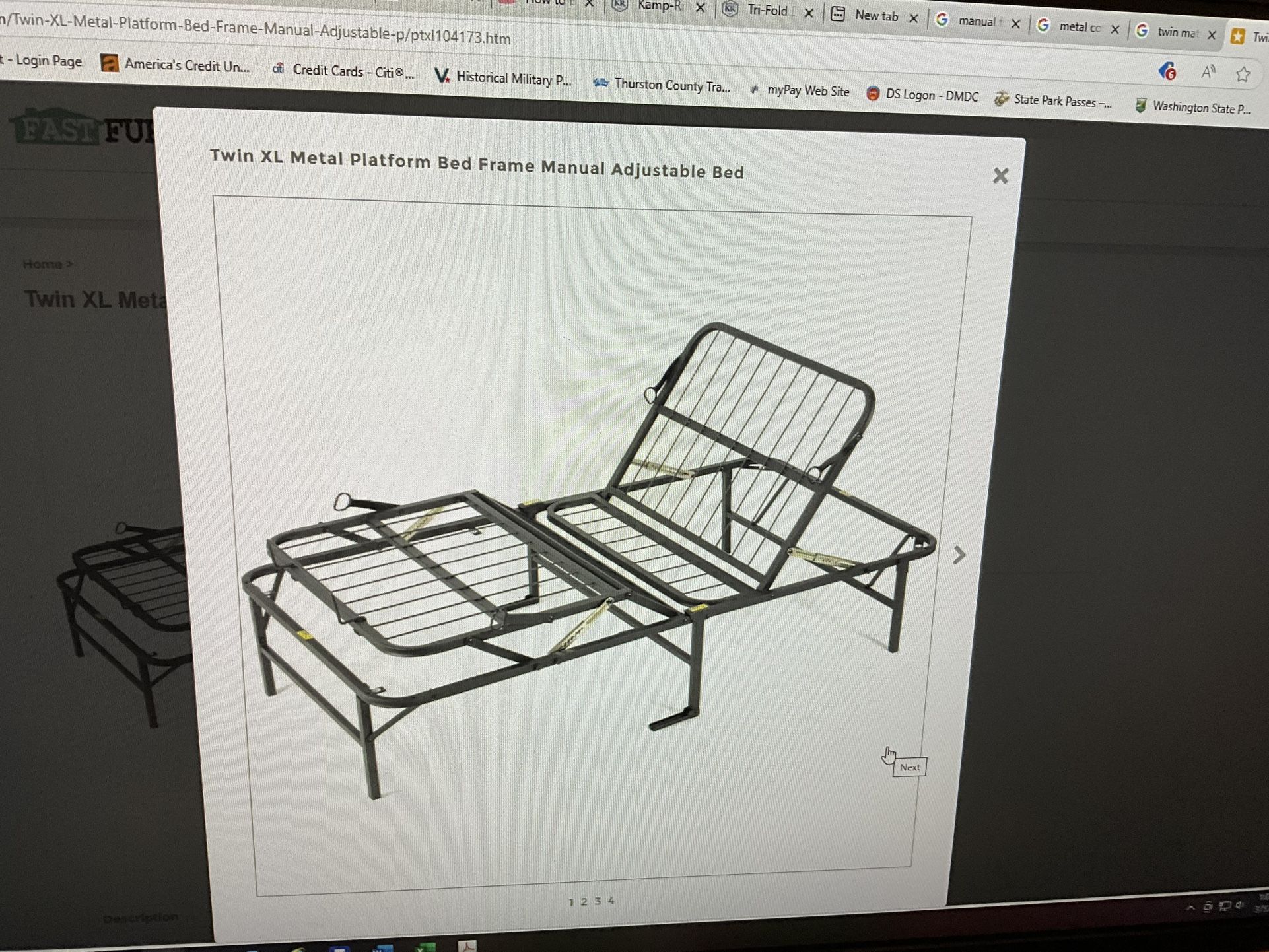 XL Twin Size Metal Platform Bed Frame Manual Adjustable. 80”L, 39”W, 14”H