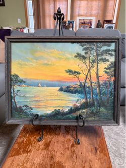 Vintage Framed Coastal Sunset Print – “Where the Sun Sinks Down” | Signed Thompson Landscape Art
