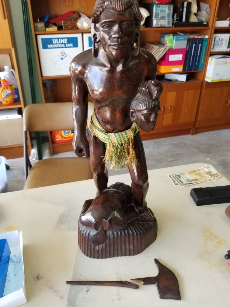 Rare! Wood Carved African Head Hunter Statue! 1.5 ft. Tall.