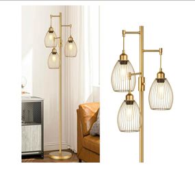 Dimmable Floor Lamp, Industrial Floor Lamps for Living Room, Gold Tree Lamp Standing Lamp Tall Lamps with 3 Elegant Teardrop Cage Head & 800 Lumens LE
