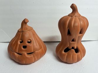 Ceramic Jack-O-Lantern Pumpkin Candle Holders Set of 2