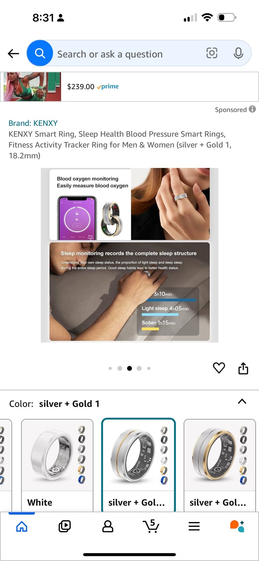 Brand: KENXY KENXY Smart Ring, Sleep Health Blood Pressure Smart Rings, Fitness Activity Tracker Ring for Men & Women (silver + Gold 2, 18.2mm)