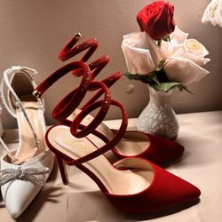 Windsor Heels Size 8 Red Velvet With Embellished Wrap Around Heel Detail