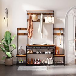 Child Hall Tree with Bench and Shoe Storage, Freestanding Coat Rack with Drawers, Entryway Rack with Metal Frame and Hooks, for Entrance, Foyer, Mudro