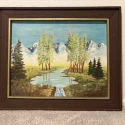 Original Painting Landscape Evergreens Mountains River