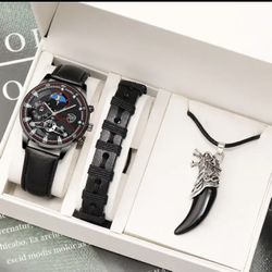 3PCS Set Fashion Mens Calendar Watches Male Casual Black Leather Quartz Watch Men Necklace Bracelet Wrist Watch Reloj Hombre
