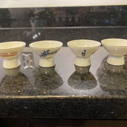 Four Tiny GEKKEIKAN Japan Blue and Red Pedestal Sake Cups 1.5”H 2”W