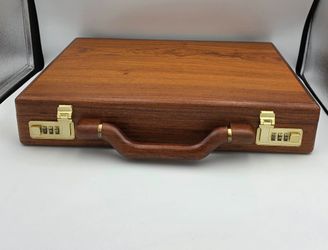 Vtg Wood Briefcase Attache Case Brass Combination Presto Lock Taiwan MCM Office