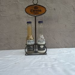 Corona Extra VTG Bottle, Salt And Pepper Shakers With A Metal Holder