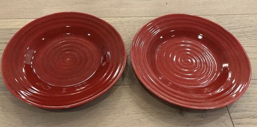 Set of 2 Pier 1 Stoneware Plates 9” Solid Red Paprika Swirls Salad Dessert