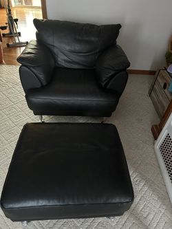 Mid century Modern Black Leather Chair With Ottoman