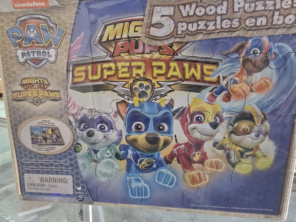 Paw Patrol Wooden Puzzle 5 Pack - Mighty Pups Wood Puzzles Bundle with Holding Tray Plus Stickers and More | Paw Patrol Jigsaw Puzzles for Kids, Girls
