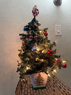VINTAGE Spode Teleflora Mini Christmas Tree 2ft Tall Ceramic Pot & Glass Miniature Ornaments HTF
