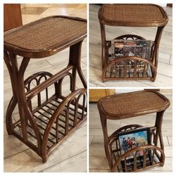 Rattan Wicker Weave Record, Magazine, Book Side Table Plant Stand.
