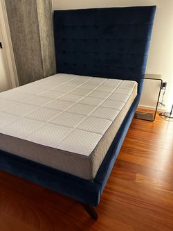 Queen mattress with Navy Blue Velvet Upholstered Bed Frame