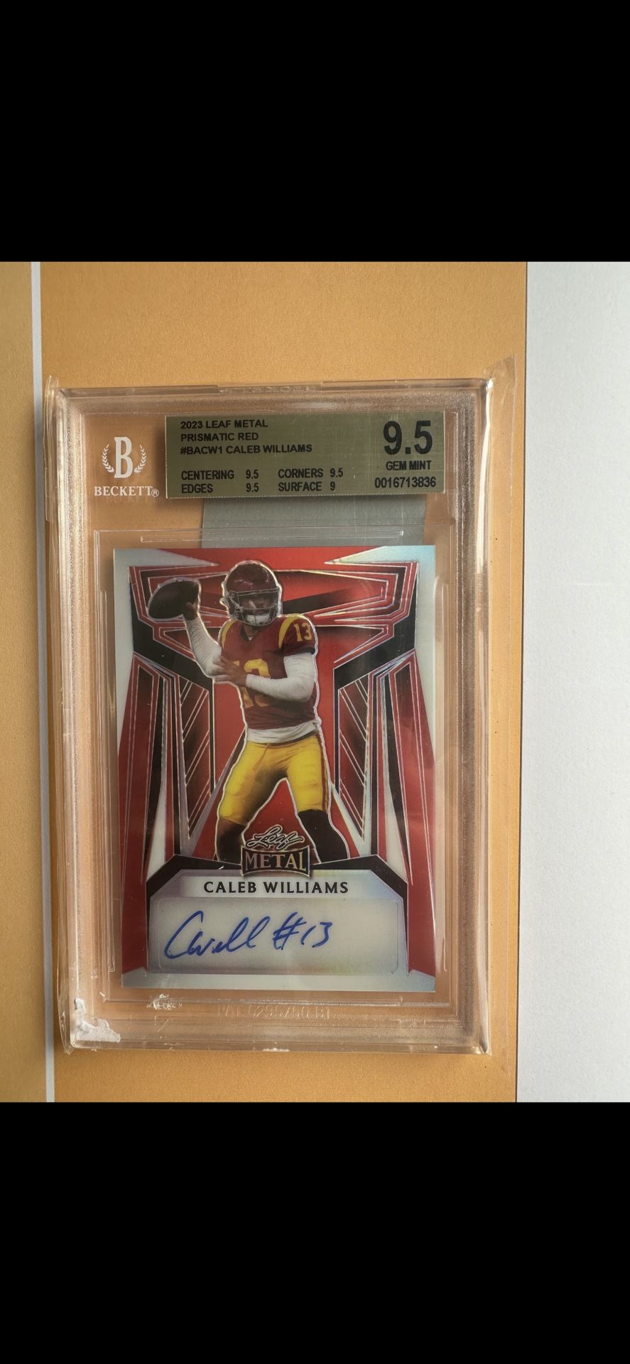 Leaf Metal Prismatic Red Caleb Williams trading card. Graded 9.5 by Beckett. 1 of 3