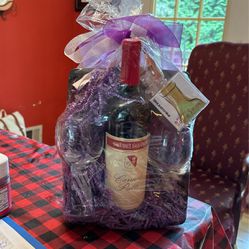 Gift Wrapped Bottle Of Wine, 2 Wine Glasses And A Cute Wine Stopper