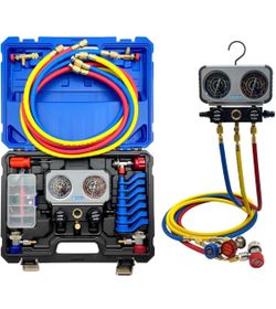 4 Valve Manifold Gauge Set for Car AC R1234YF R134A Freon Charging 6PC Adapter Compatible with R404A R410A R22, 3x5FT Hoses 800psi, Diagnostic Evacuat