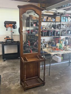 Vintage mirrored oak hall tree with an umbrella stand