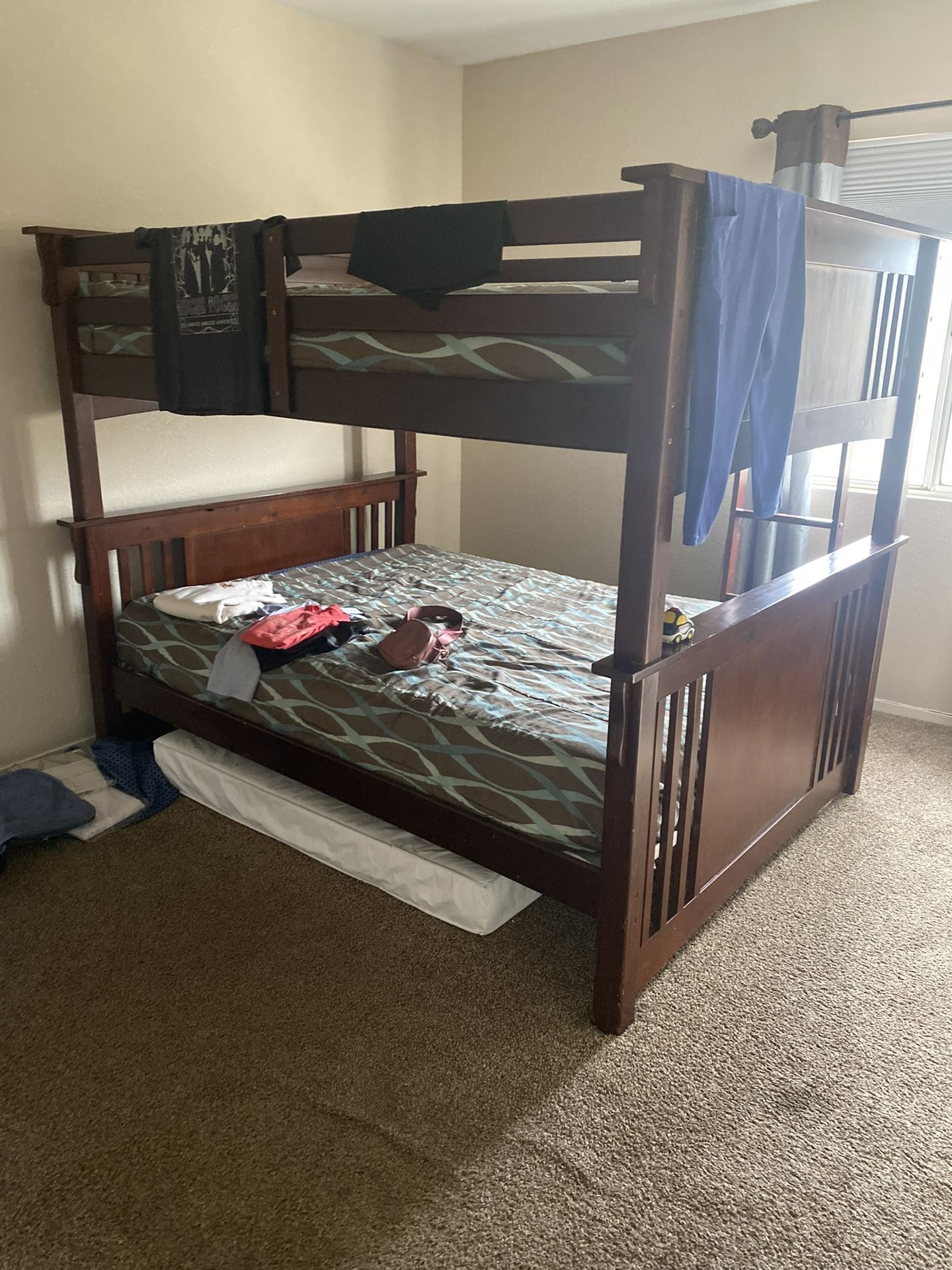 Full Over Full Bunk Bed w/ Mattresses – Solid Wood Frame – Great Condition