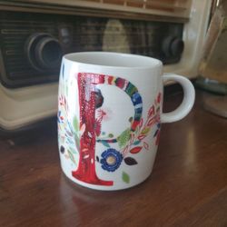 Anthropologie Coffee / Tea Mug / Cup White Ceramic  Floral And Initial P