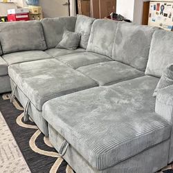 New Corduroy Sectional/Sleeper/Chaise Storage.  Grey.  92x120x60.  Free Delivery!