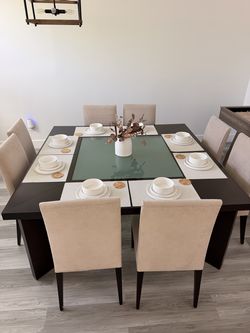 Wood square table 66” with frosted glass center - chairs included