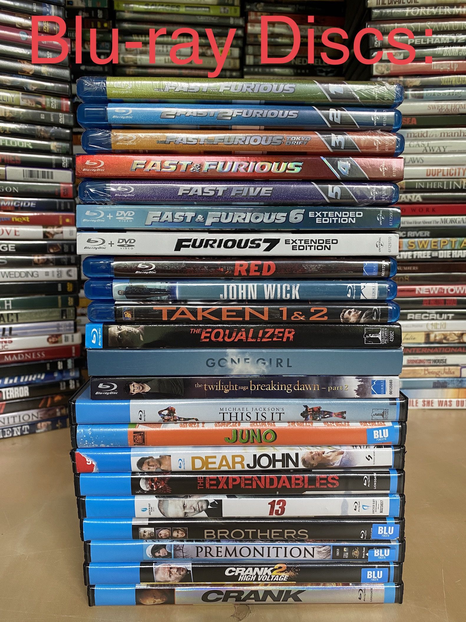 Movies on DVDs, Blu-ray Discs, VHS, and audiobooks