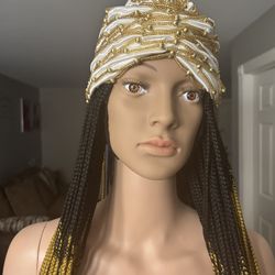 White With Gold Bead Turban