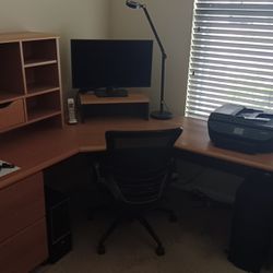 Wooden Corner Office Desk With Shelves And Two Side Drawers