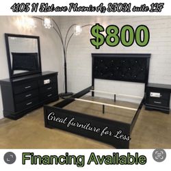 4 PCs Queen Or Full SizeBedroom Set Black Include Bed Frame Dresser Mirror And 1 Nightstand Brand New