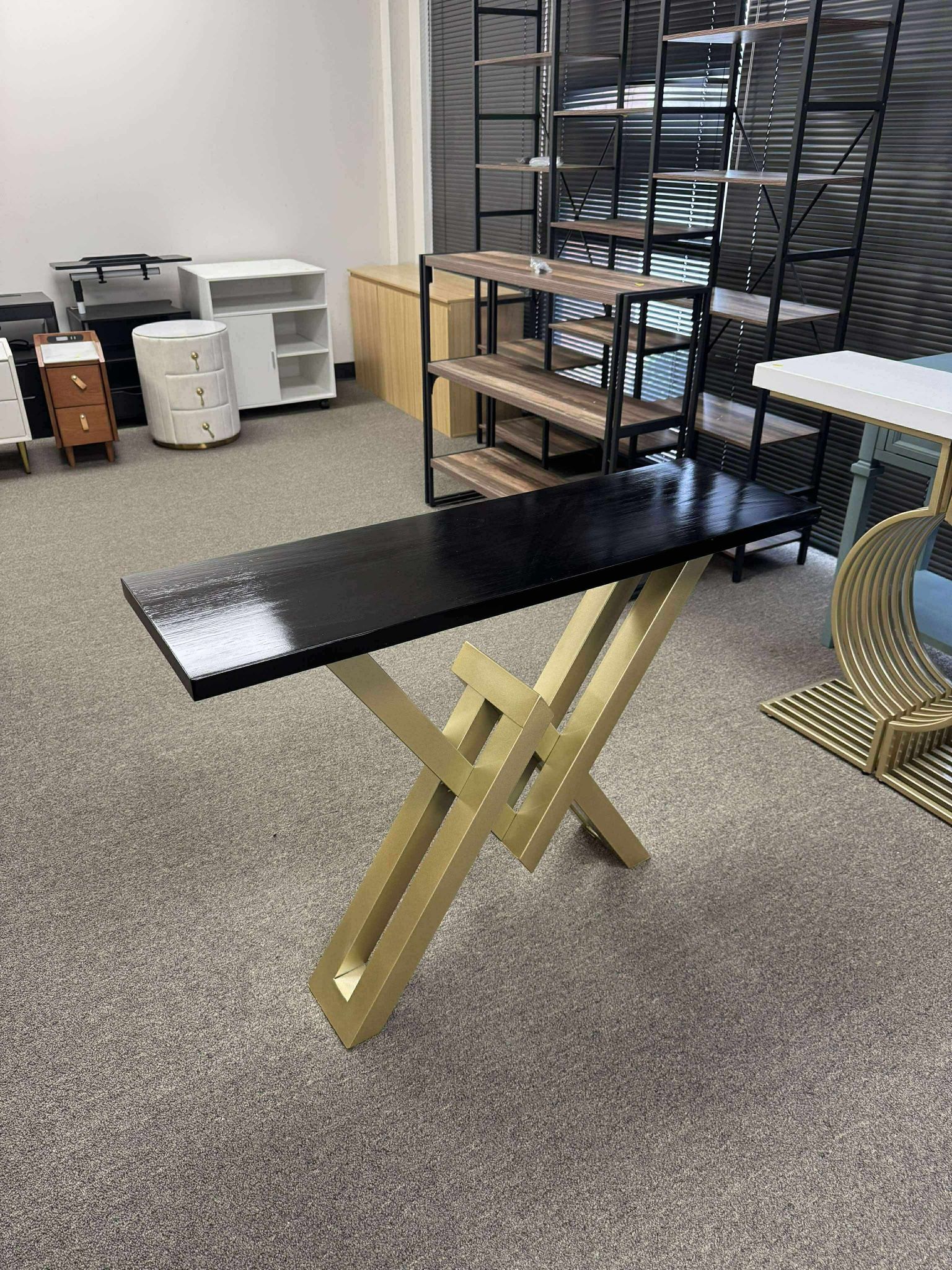 Homary Black & Gold Narrow Sofa Console Table Entryway Table With Trestle Metal Base