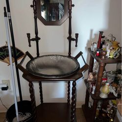Antique Wooden Wash Stand With Original Bowl & Mirror 