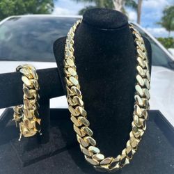 Set Chain & Bracelet 20mm Miami Cuban Link Yellow Gold Plated Chain Necklace 18k & 14k Crab Old School Regular Lock