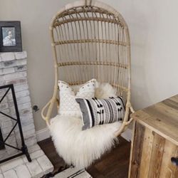 Serena & Lily Rattan Hanging Chair w/hardware, Faux Sheepskin and Pillows