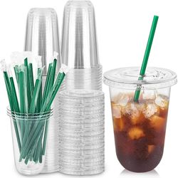 Qinsihwn 25 Set 16oz Plastic Cups With Flat Lids And Straws,Disposable Plastic Iced Coffee Cup,Disposable Clear Drinking Cups For Cold Beverages,Milks