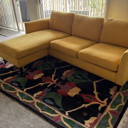 90” Buttercup Yellow Fabric Sofa & Swivel Chair with Reversible Chaise