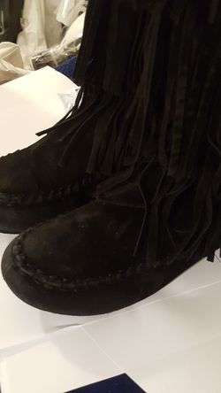 Black leather fringe boots women's size 5