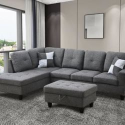Brand New Charcoal Grey Linen Sectional Sofa With Storage Ottoman 